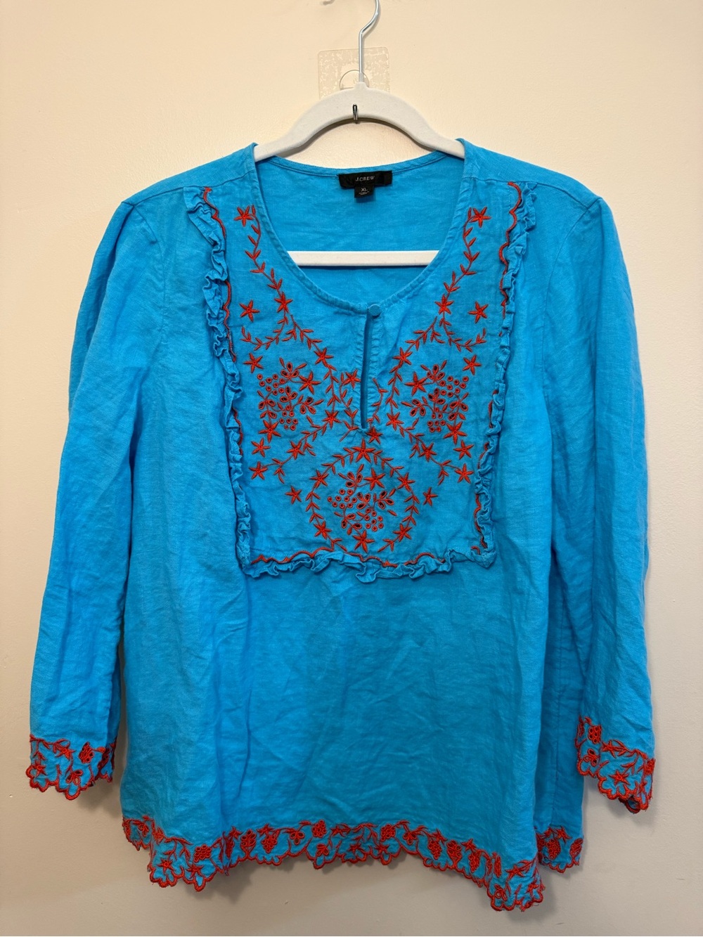 J. Crew Turquoise Tunic with Red Floral Embroidery 100% Linen